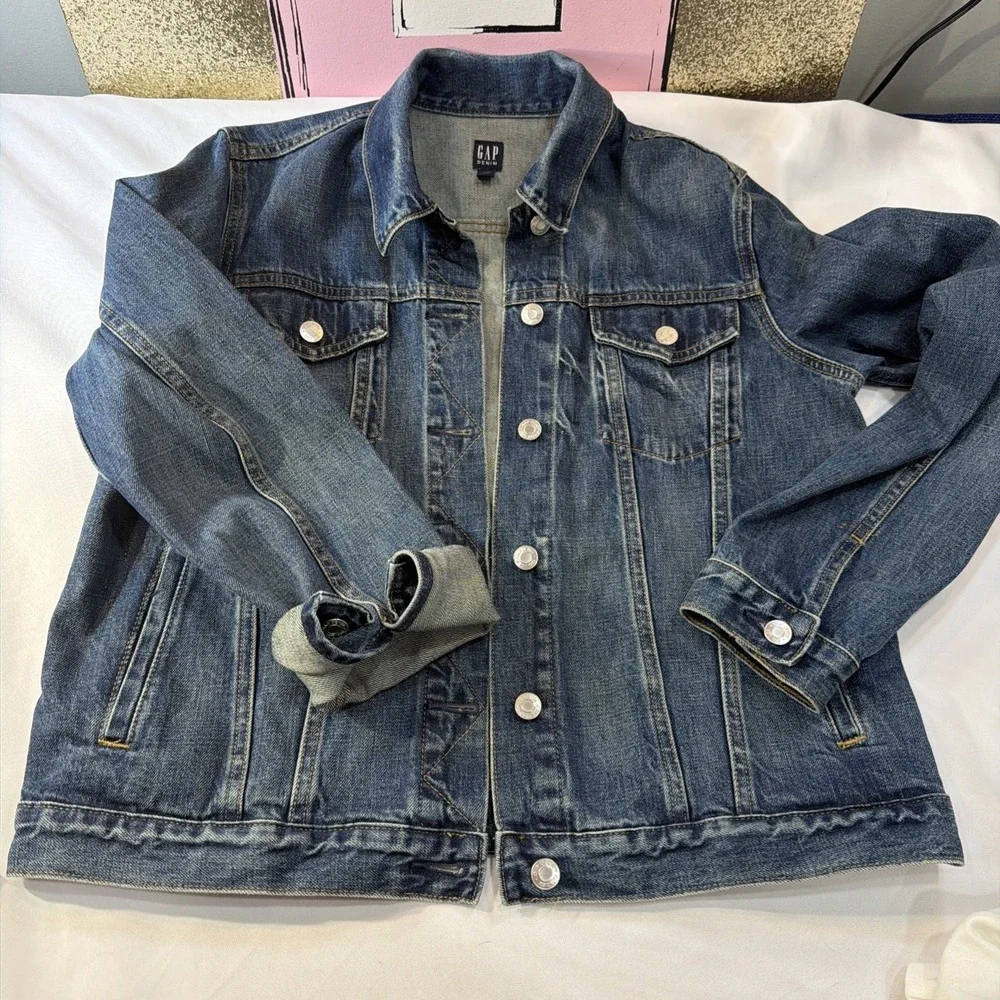 GAP Womens Jacket Size L Blue Jean Denim Icon Saddle Long Sleeve Cotton Pockets - Picture 9 of 16